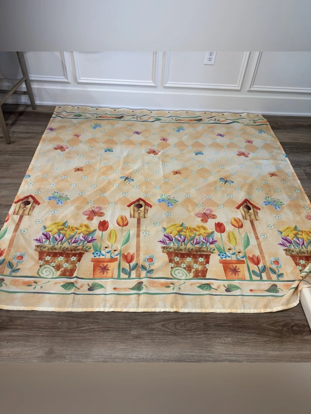Vintage Whimsical Garden Shower Curtain - Birdhouses, Tulips & Butterflies
